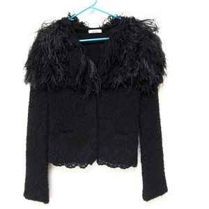 Nina Ricci Vintage Black Mohair Cardigan Ostrich Feather Trim S